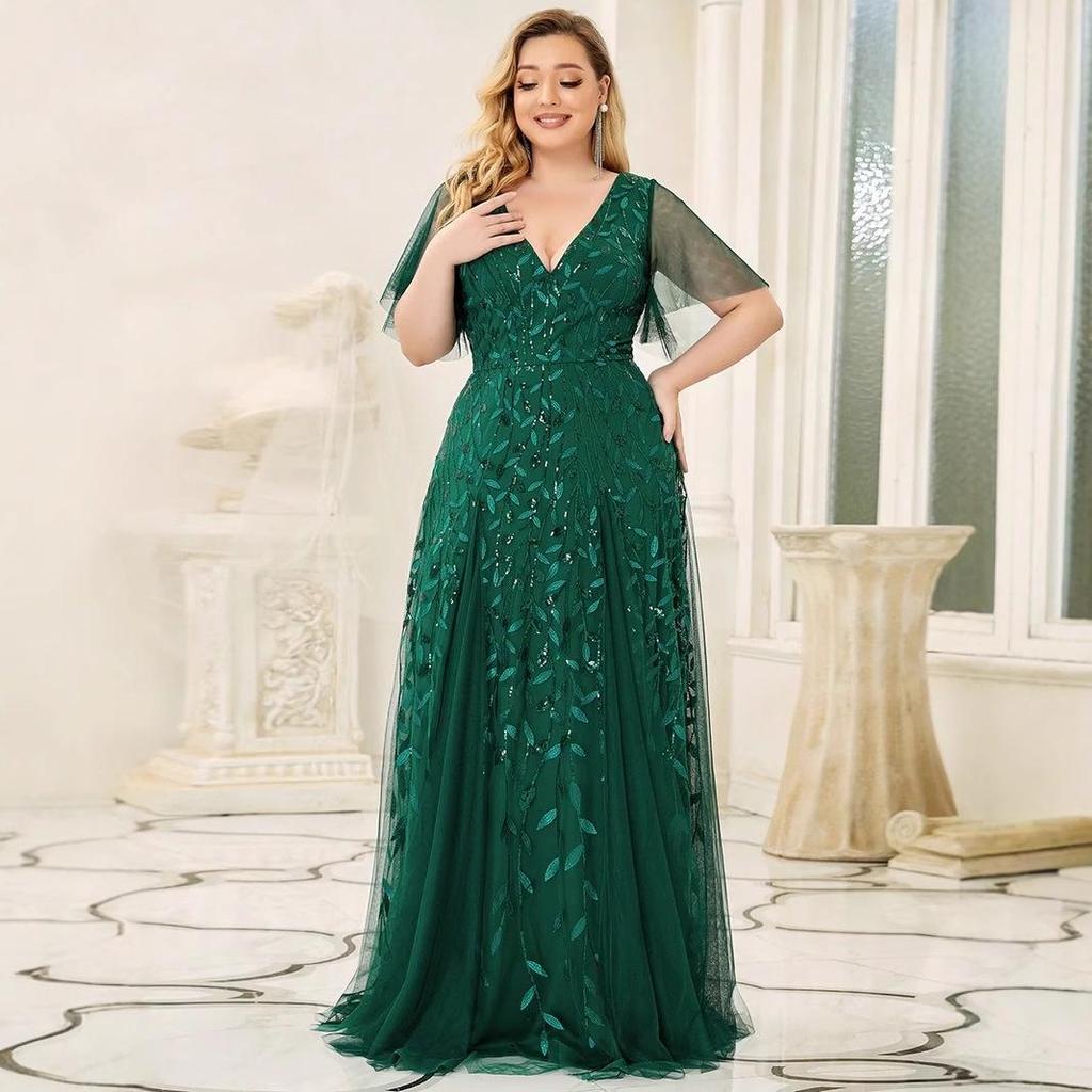 2026 Summer European & American V-neck Patchwork Mesh Evening Gowns for Banquets & Performances