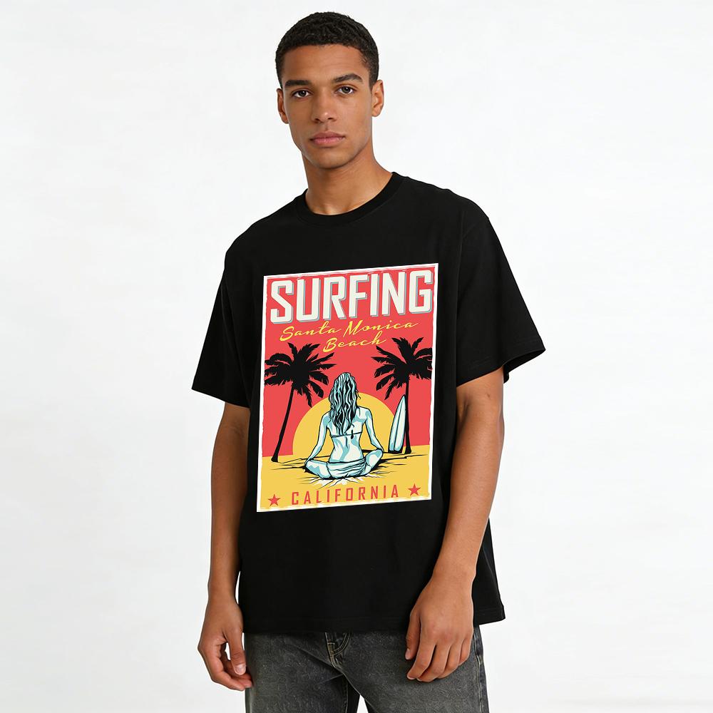Surfing Santa Monica Beach California Graphic Casual T-Shirt Pure Cotton T-shirt