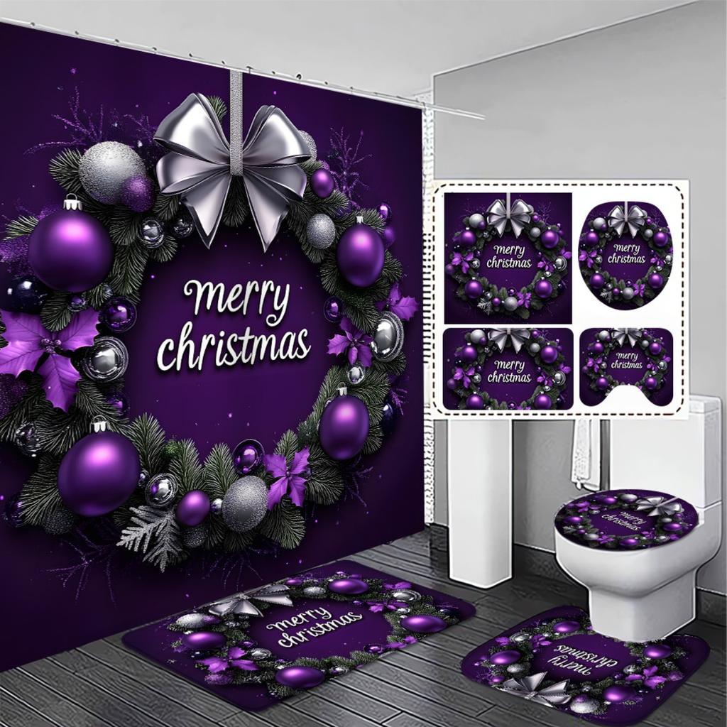4Pcs Christmas Shower Curtain Set with Non-Slip Bath Mat, Toilet Lid Cover, Contour Rug & 12 Hooks, Bathroom Decor