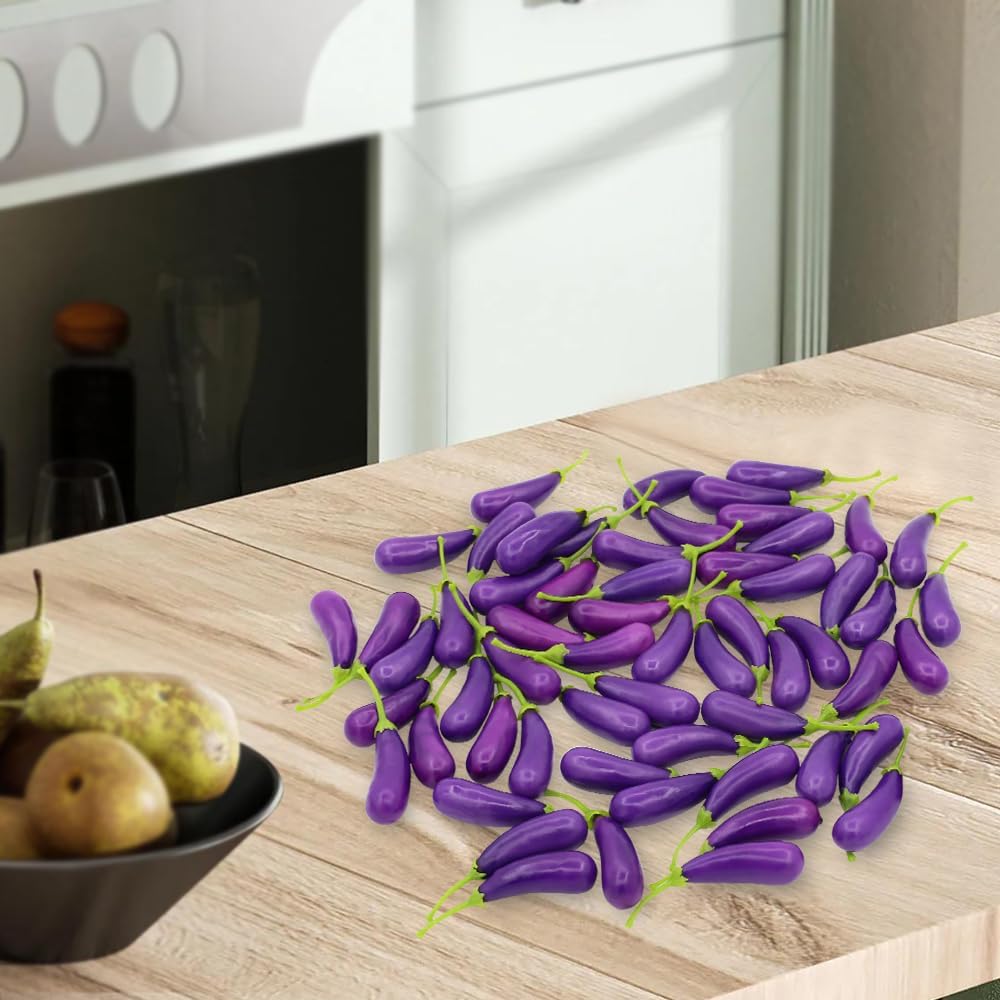 60 PCS Fake Eggplant Mini Simulation Plastic Foam Artificial Vegetable Lifelike Eggplant Model Christmas Home Decor Realistic Eggplant Photography