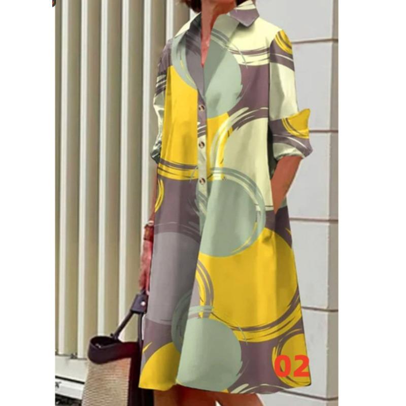 Novos produtos de outono, camisa com gola estampada de bolinhas de temperamento fashion, manga comprida, vestido médio e longo