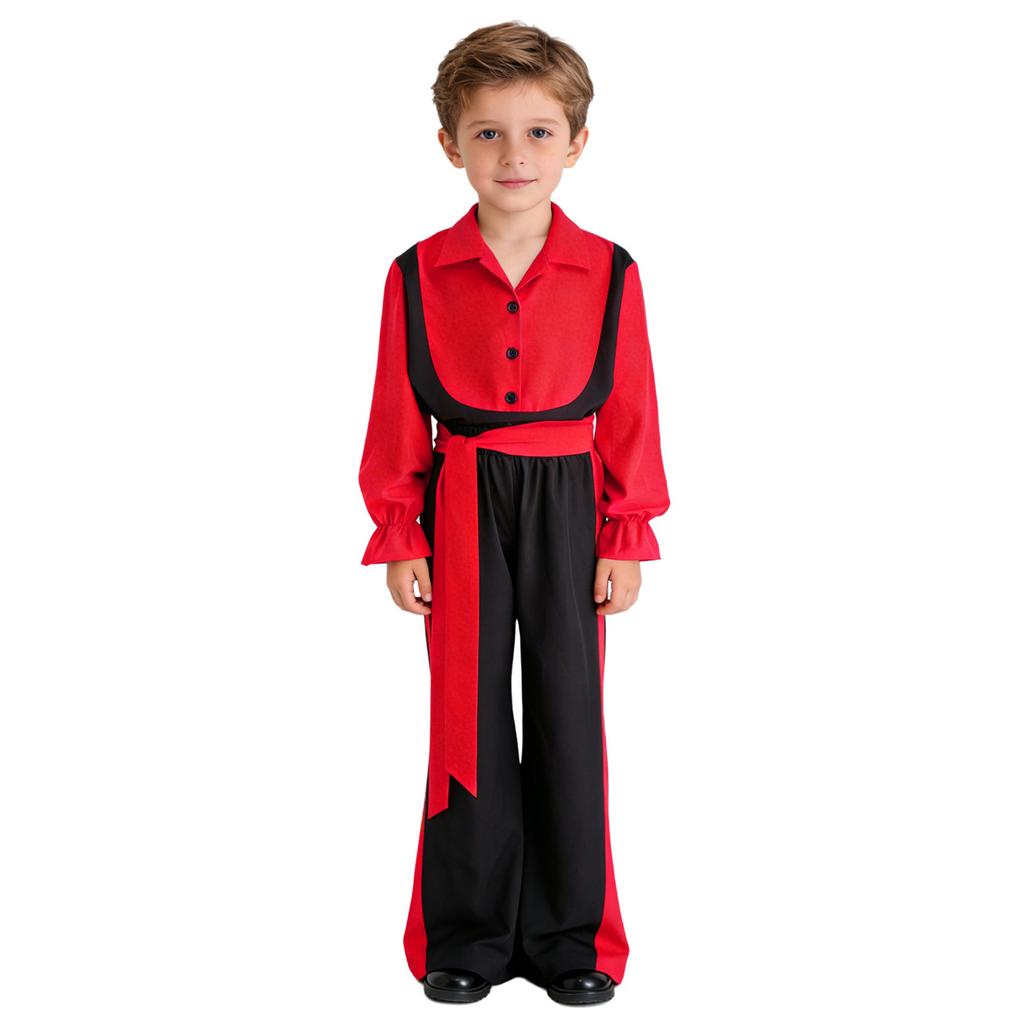 Chlapecký outfit na flamenco tanec Color Block Sklápěcí límeček Dlouhý naberaný rukáv Svetr Kalhoty s elastickým pasem Pásek