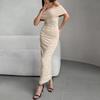 Slash Neck Solid Color Knitted Dresses Women Evening Short Sleeve Dress Party Female Ankle-Length Dress Knit