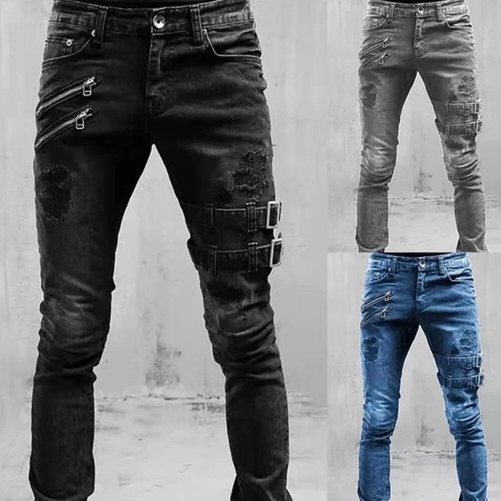 Retro Moto Biker Gerade Elastische Jeans Männer Zipper Loch Streetwear Punk Dünne Denim Cargo Hosen Pantalones Hombre Y2K Kleidung
