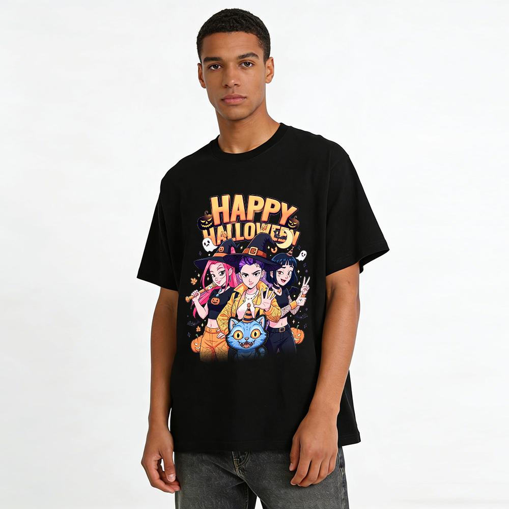 Happy Halloween Witch Girls Print Top Funny Cat Theme Casual Loose Crew Neck Long Sleeve T-Shirt Pure Cotton T-shirt