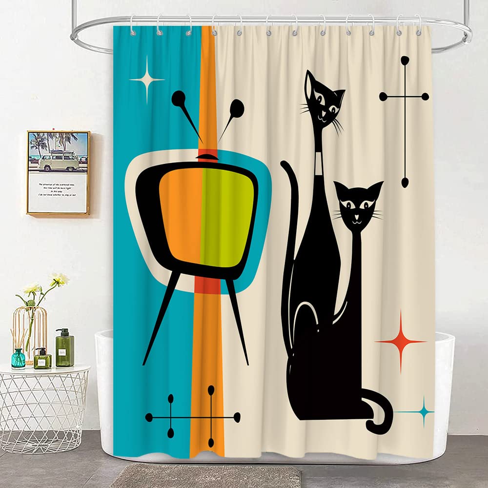 Shower Curtain Vintage Atomic Stars Retro Pattern on Of Boomerangs Mid Centry Waterproof Polyester Fabric Bathroom Set with Hook