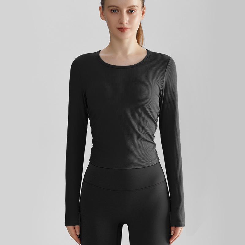 

LAHN Women s Quick-Dry Slim Long-Sleeve Fitness Top - Summer Breathable, Round Neck, Side-Pleated Design M