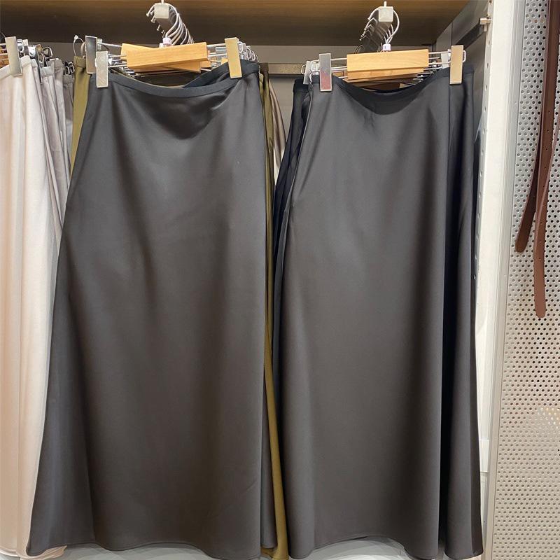 Saia Midi Longa Feminina Japonesa de Cetim Linha A - Design Drapado Emagrecedor para Primavera/Verão