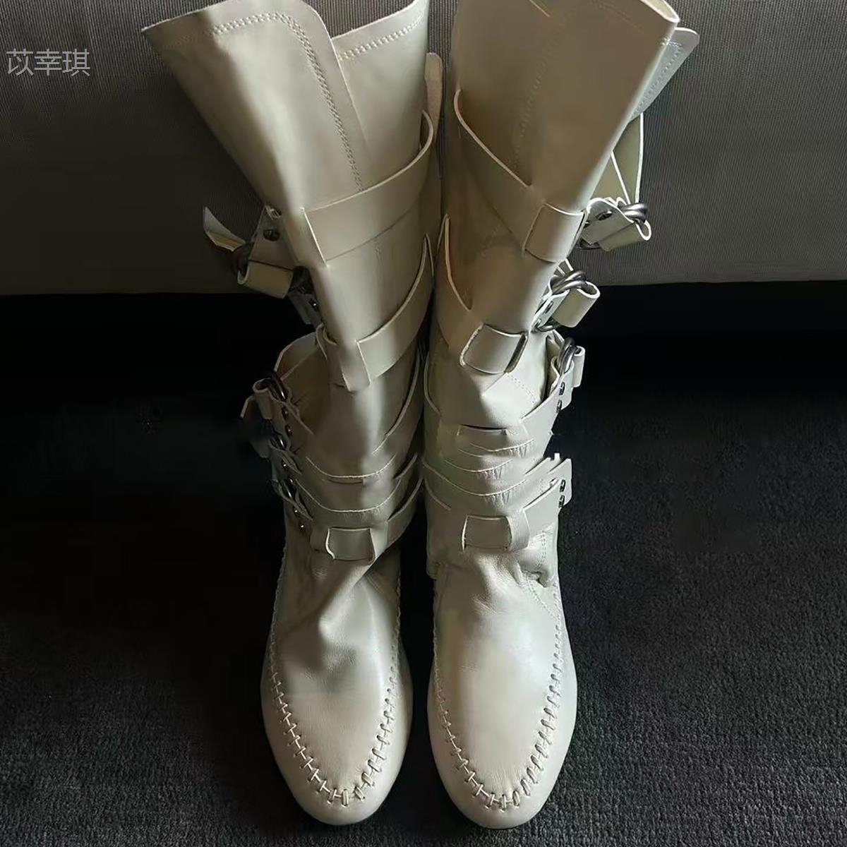 

Handmade weaving~ Niche retro American street British style belt buckle knight boots thick-soled thin motorcycle boots women 40