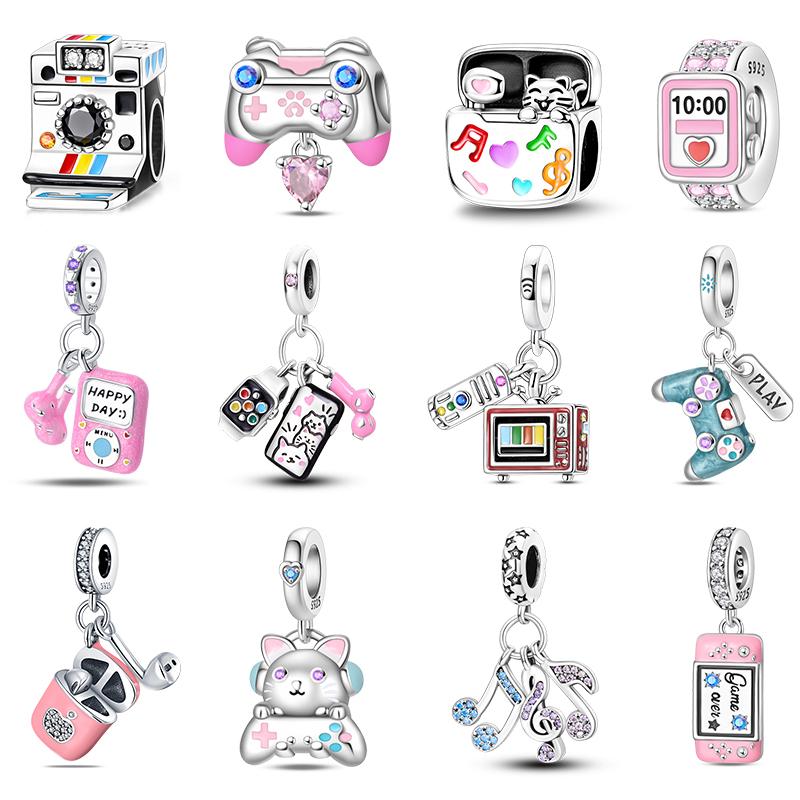 Fit Original Copper Charms Beads Game Console Headphones Pink Charms For Women Fine Diy Birthday Jewelry Gifts