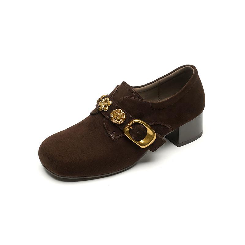 Huge and beautiful~! Frosted retro gold buckle thick heel loafer single shoes women's middle heel grandma shoes