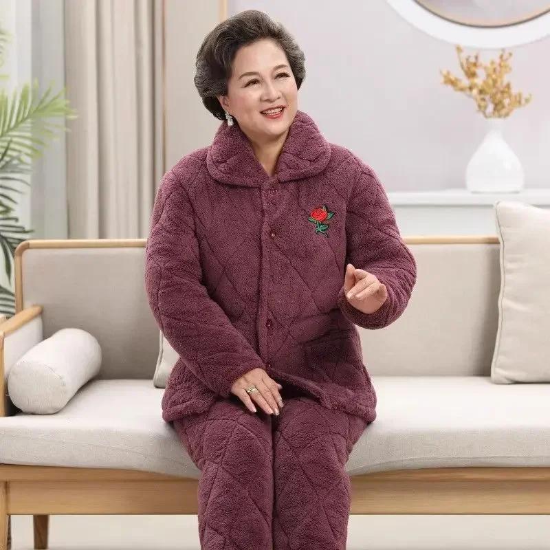 Sleepwear Women Winter Home Sleep Clothes Three Layer Thick Cotton Nightgown Flannel Coral Fleece Warm Coat Large Homewear Set