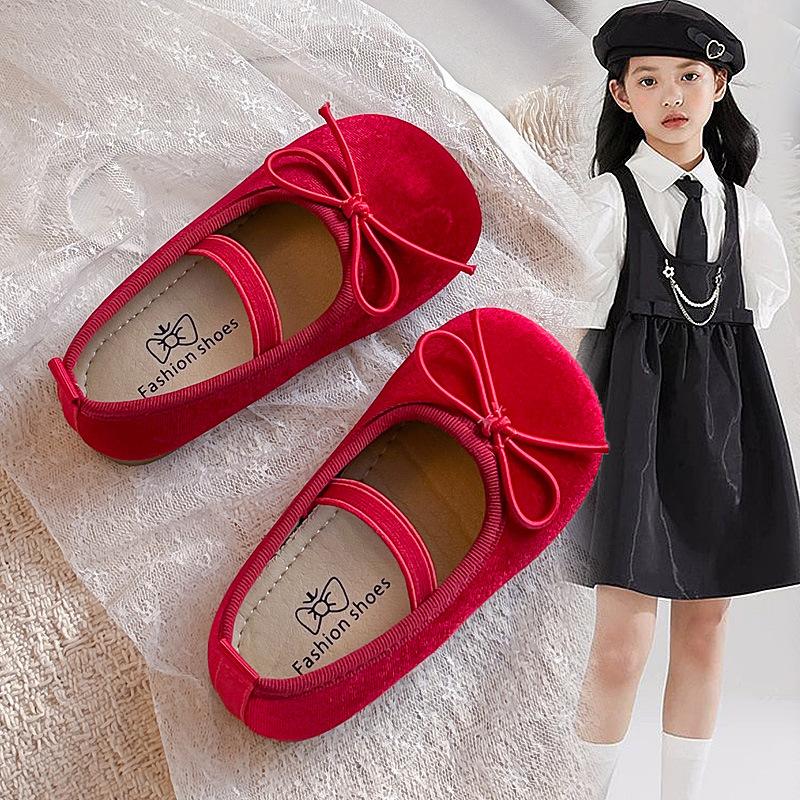 Girls' Solid Color Flats2026Spring and Summer Cute Bow Princess Leather Shoes for Small, Medium, and Large Children