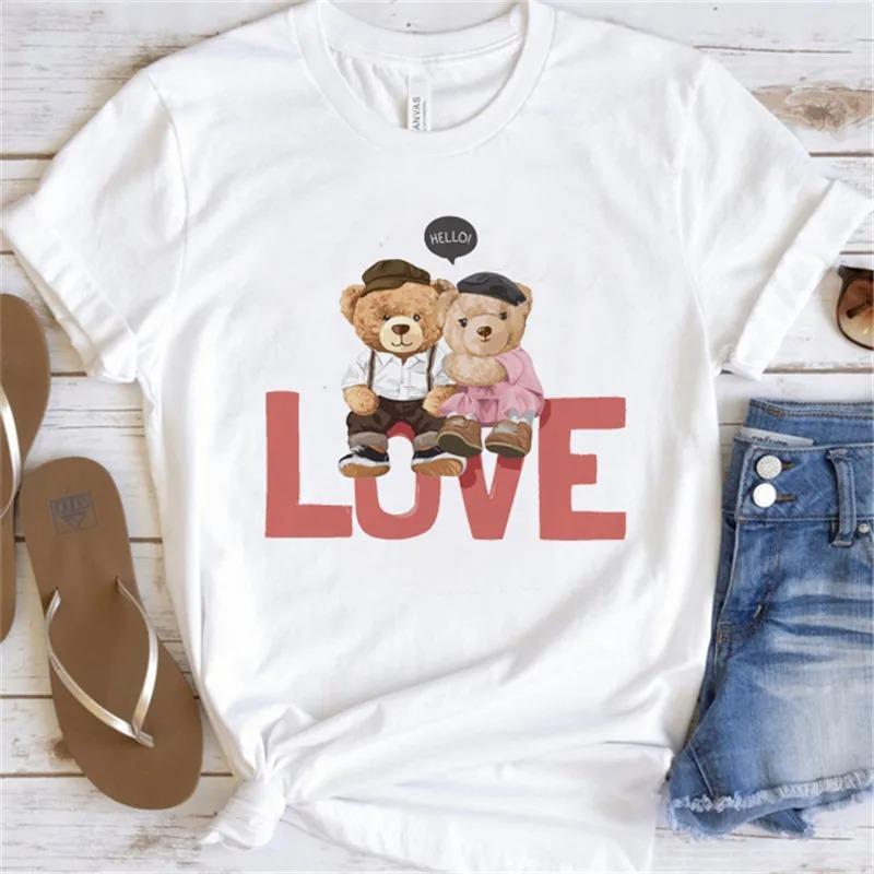 Cute Bear Print Shirts White Fashion Women T-Shirts Harajuku Kawaii Clothes Short Sleeve Summer Tees Casual Female Tops O-Neck