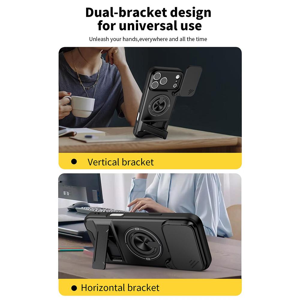 For iPhone 17 Pro Max Case Compatible with MagSafe Ring Holder Foldable Kickstand TPU PC Phone Cover with Camera Lens Slider