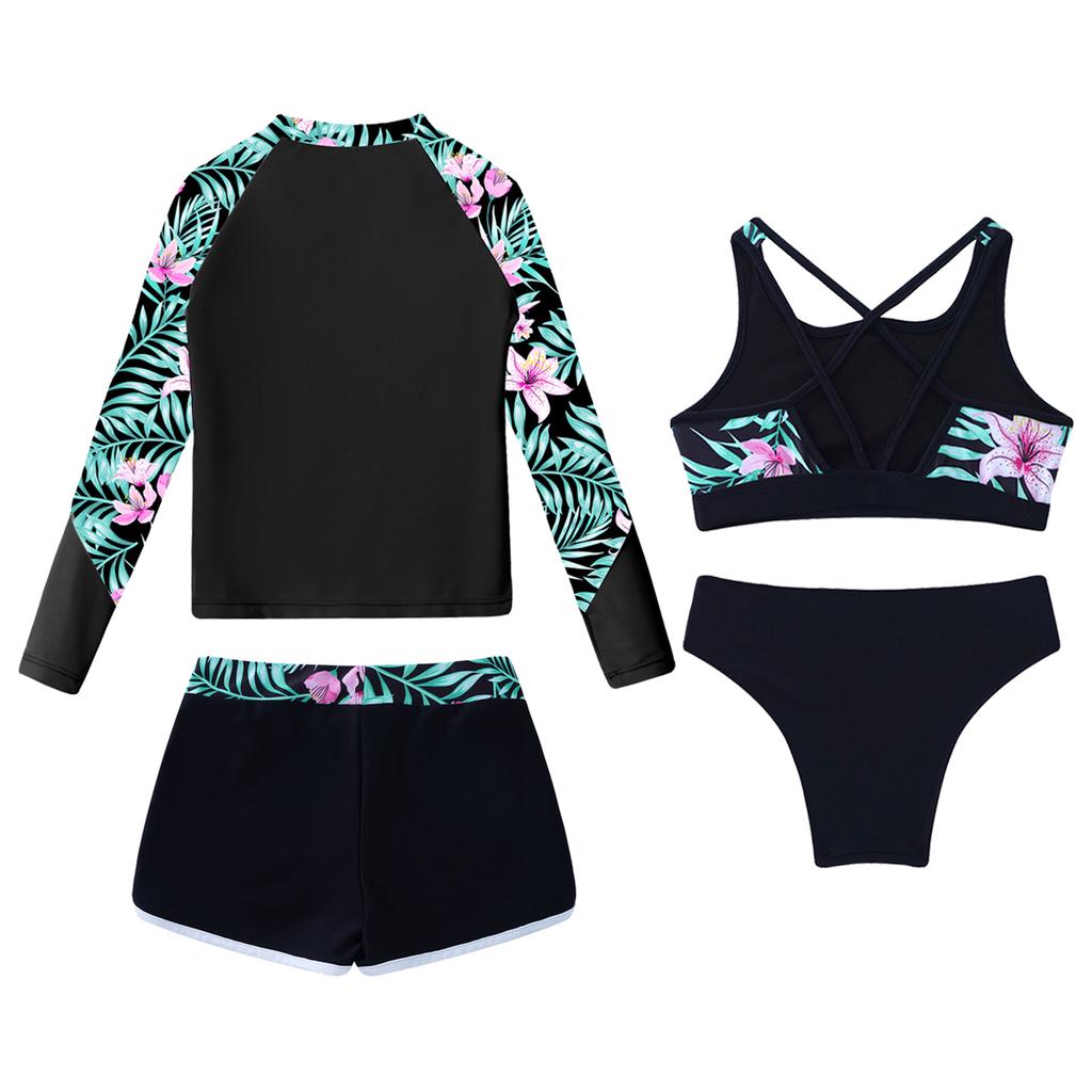 Girls Long Sleeve Swimwear Set UPF Sun Protection Printed Top Crop Top Briefs Pool Outfit