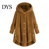 Solid Color Women Jacket Plush Coat Hooded Long Sleeve Side Buttons Hem Single Breasted Mid-length Casual with Pockets Loose Fit Velvet Winter