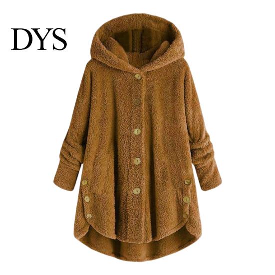 Solid Color Women Jacket Plush Coat Hooded Long Sleeve Side Buttons Hem Single Breasted Mid-length Casual with Pockets Loose Fit Velvet Winter