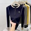 Splicing Contrasting Color Round Neck Long-sleeved Shirt Women's Spring Slim-fitting Chic Inner Bottoming Shirt Autumn and Winter Button-up Top