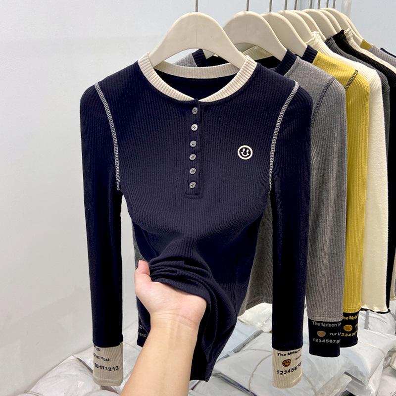 Splicing Contrasting Color Round Neck Long-sleeved Shirt Women's Spring Slim-fitting Chic Inner Bottoming Shirt Autumn and Winter Button-up Top