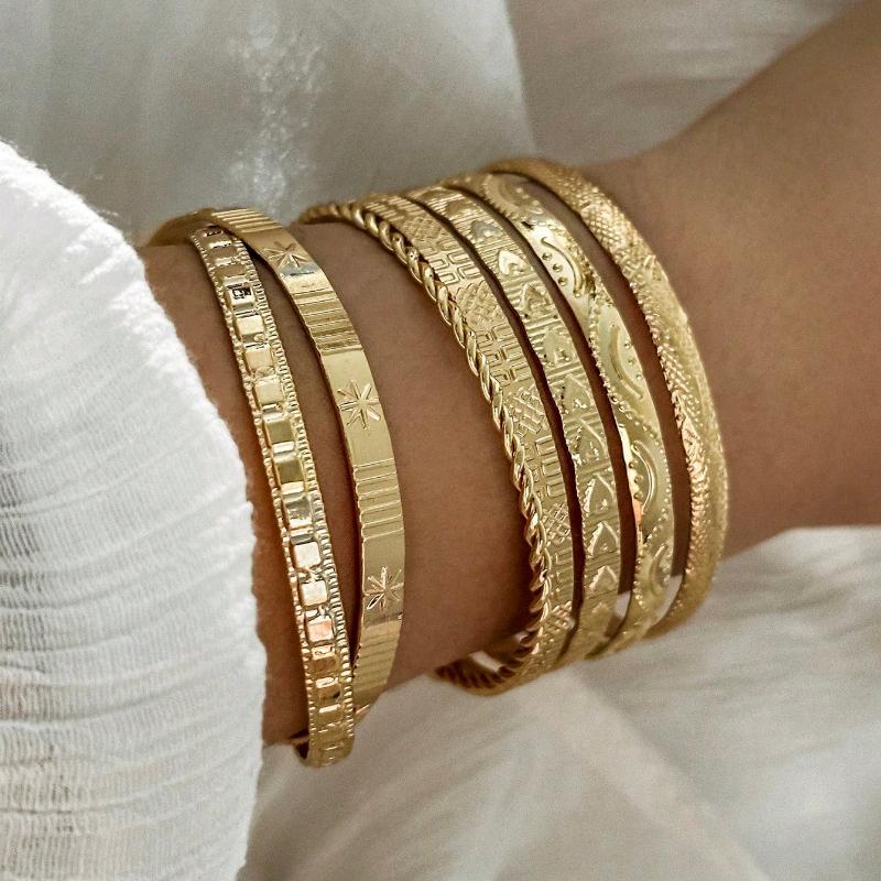 7pcs/Set European and American Style Bangle Set with Hammered, Arrow, Floral, Exaggerated Hexagram Design, Twist Open Bracelets Jewelry Gifts