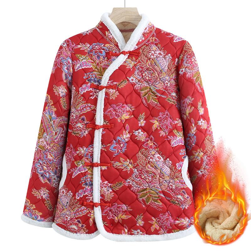 Women's Retro Ethnic Tang Suit Cotton-Padded Jacket with Floral Design & Chinese Frog Buttons - Thick Winter Coat