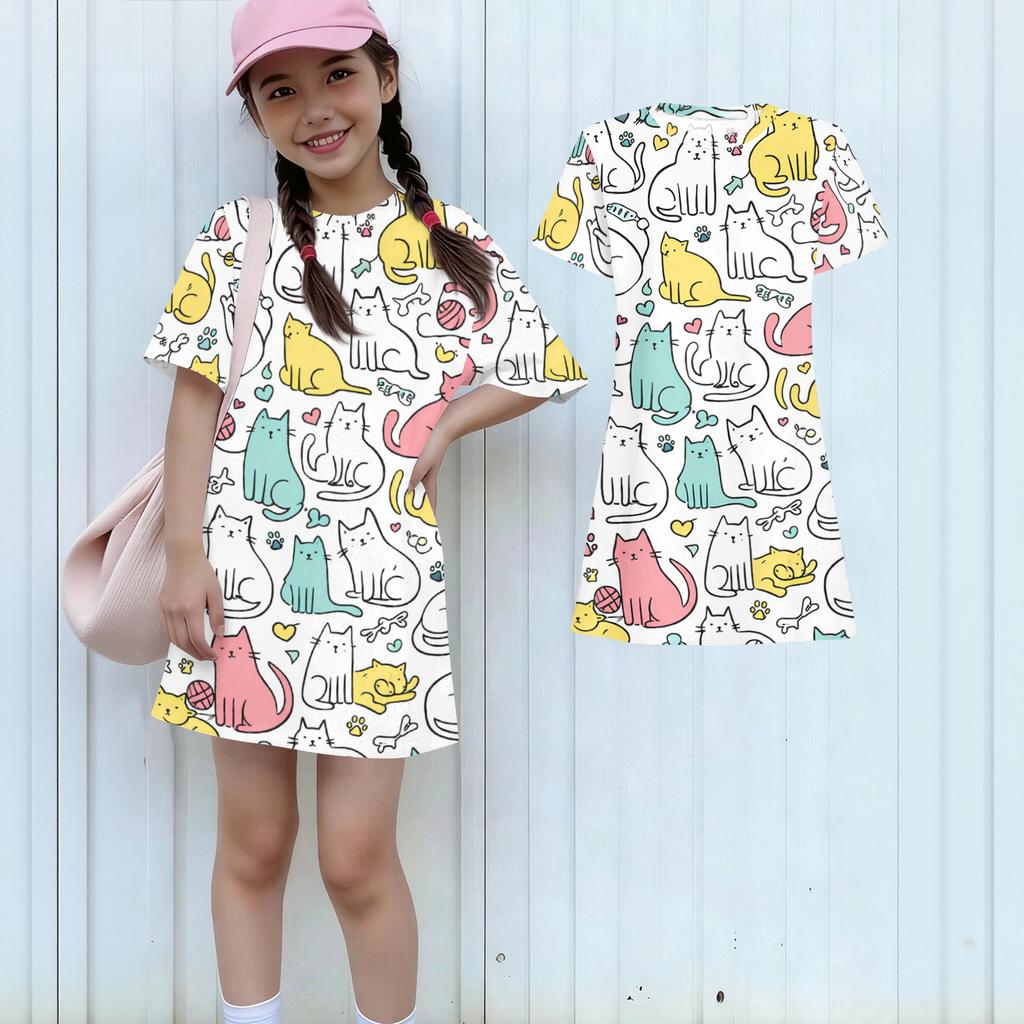 Girls Print Casual Dress Kids Loose Round Neck Short Sleeve Thin Sundress