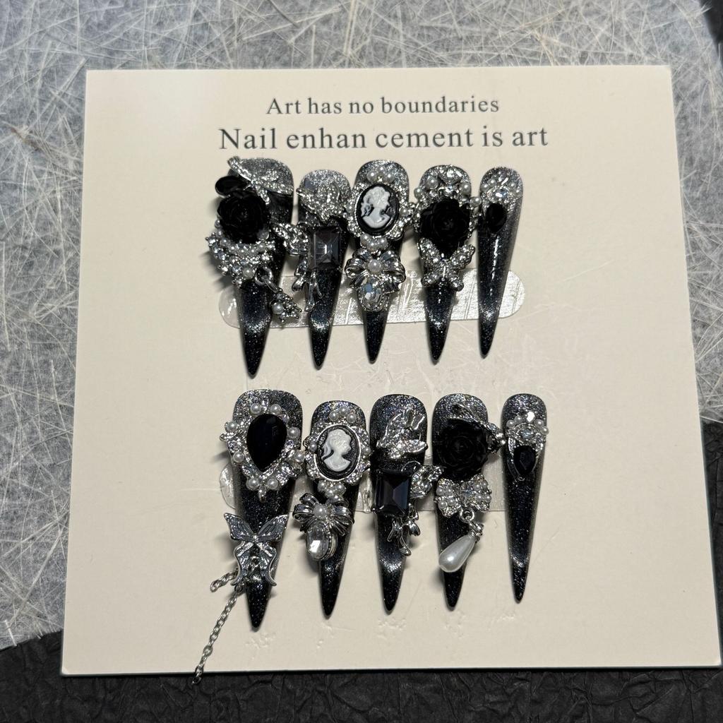 10Pcs Black Rose Cat Eye Stiletto Press On Nails With 3D Metal Butterfly Elegant French Tip Long Detachable False Nails