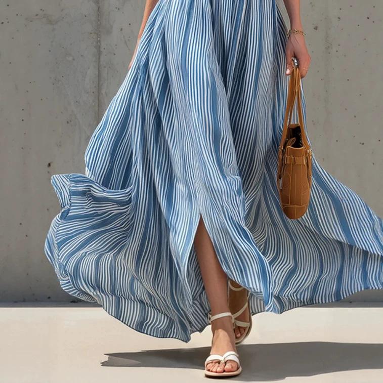 European and American Fashion Retro Blue and White Striped Chiffon Sleeveless Hollow Dress
