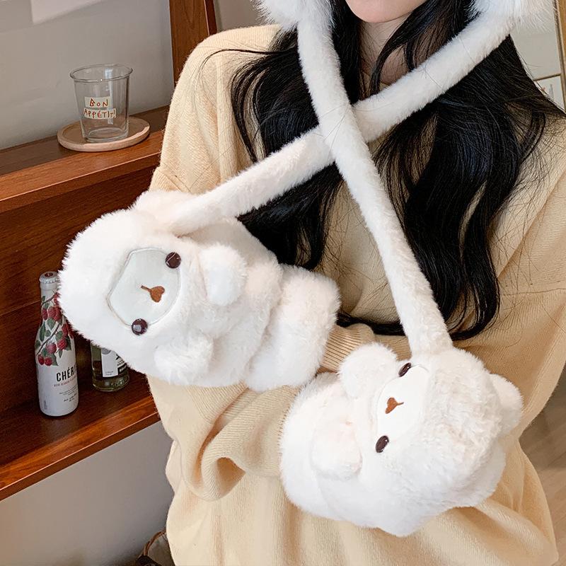 New Winter Cute Cartoon Bear Thickened Gloves Riding Student Ear Protection Plush Hat for Women Warmth Lei Feng Hat