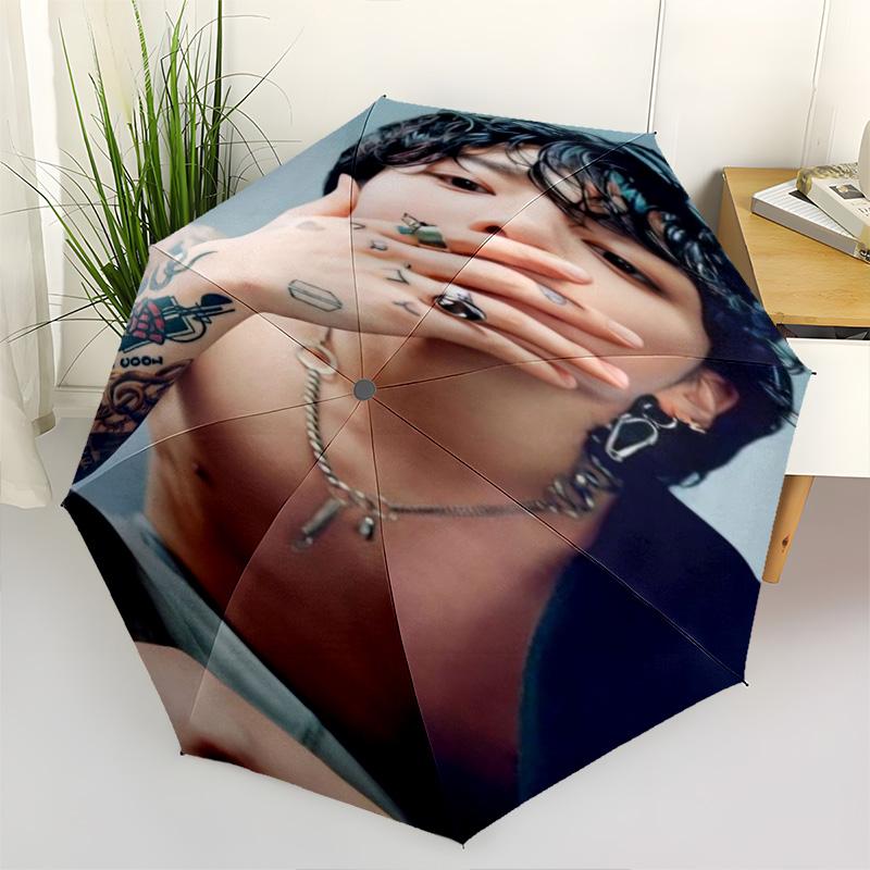 1pc Kpop Umbrella Portable Folding Umbrella Iron Frame Hole Bone Structure Outdoor Home Umbrella