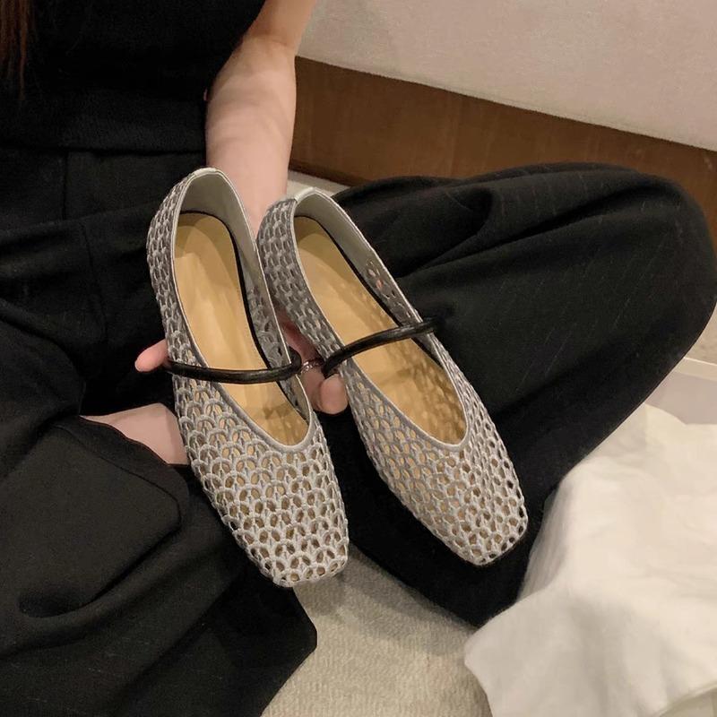 New Popular Square Head Hollow Woven Casual Comfortable Women's Flat Shoes Cut-out Mary Jane Single-layer Shoes Fishnet Shoes