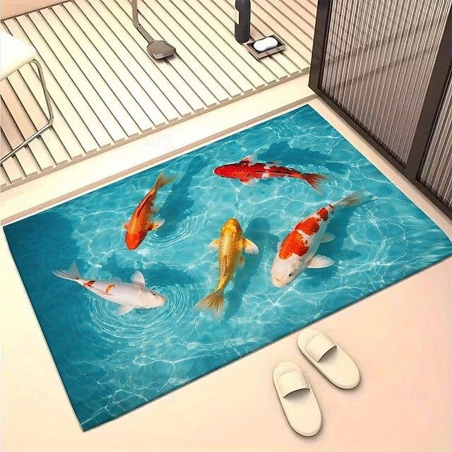 3D Koi Fish Pond Graphic Doormat Blue Water Ripple Print Entrance Mat Non-Slip Welcome Rug for Living Room Kitchen Bathroom