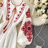 Bohemian Ethnic Style Embroidered Flowers, Round Neck, Lantern Sleeves, Pleated Loose, Slimming, Versatile Long Dress for Women