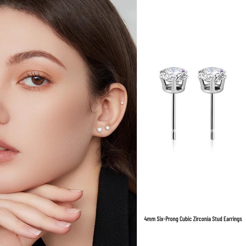 Sterling Silver S999 Zirconia Stud Earrings for Women - Simple, Versatile, and Sleep-Friendly
