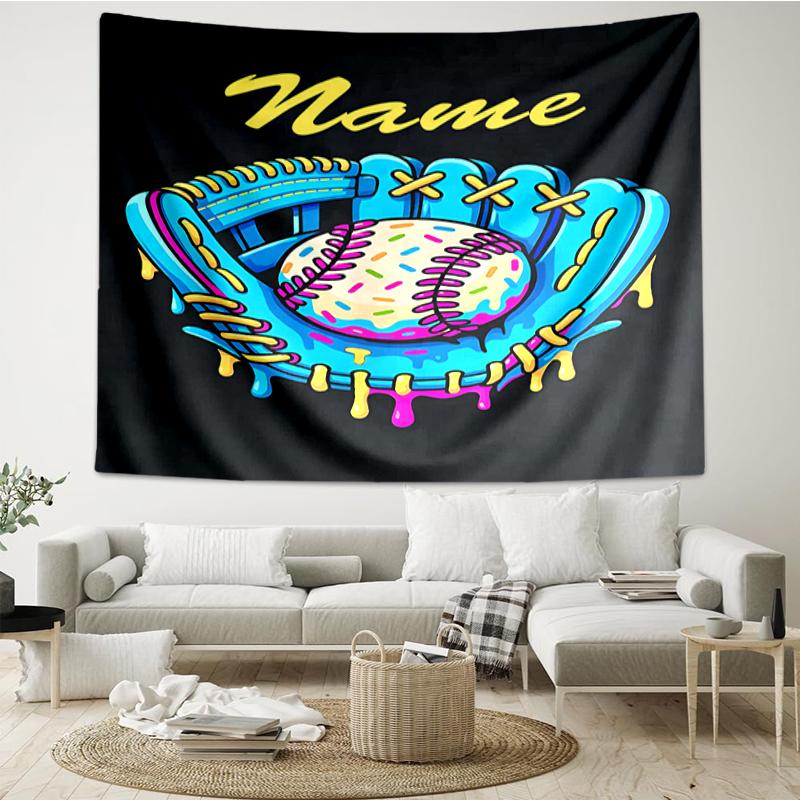 Custom Name Baseball Print Tapestry, Backdrop, Easy Setup, Ideal for Bedroom, Office & Living Room, with Aesthetic Wall Hanging Decor.