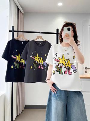 2026 Cartoon Print Short Sleeve Loose Fit T-shirt for Plus Size Women - Age-Reducing and Belly Covering Design