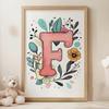 Plakat Z Literą "F" Z Kolorowymi Kwiatami Plakat Z Literą "F" Z Kolorowymi Kwiatami, 30X40 Cm, Rama Drewniana Ciemny Brąz, Papier Matowy 230 Gsm