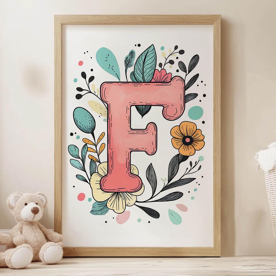 Letter "F" Poster With Colorful Flowers Letter "F" Poster With Colorful Flowers, 40X50 Cm, Frameless, Matte Paper 230 Gsm