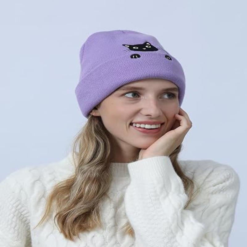 Winter Female Cat Embroidered Bonnets Cute Cat Acrylic Knitted Hats Soft Warm Beanies For Women Men