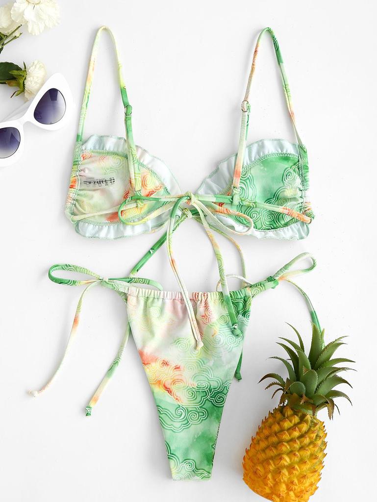 ZAFUL Tie Dye Auspicious Clouds Lettuce Trim String Bikini Swimwear