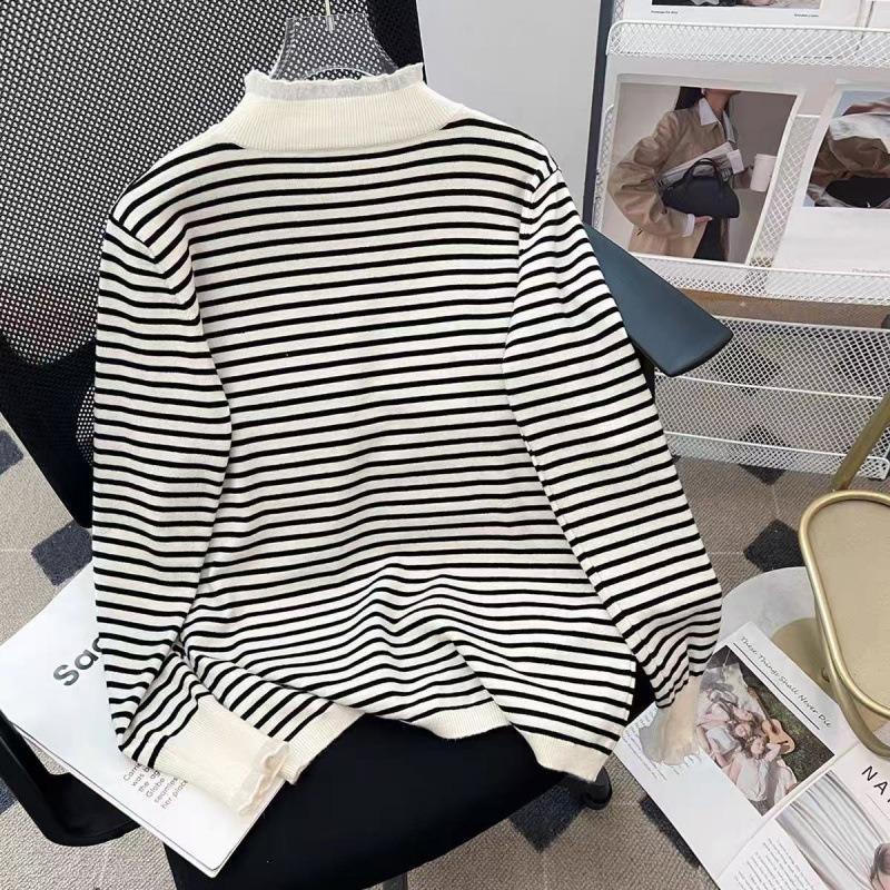 Semi-turtleneck lace knitted sweater autumn and winter new women's clothing pullover long-sleeved splicing striped slim-fit sweater top