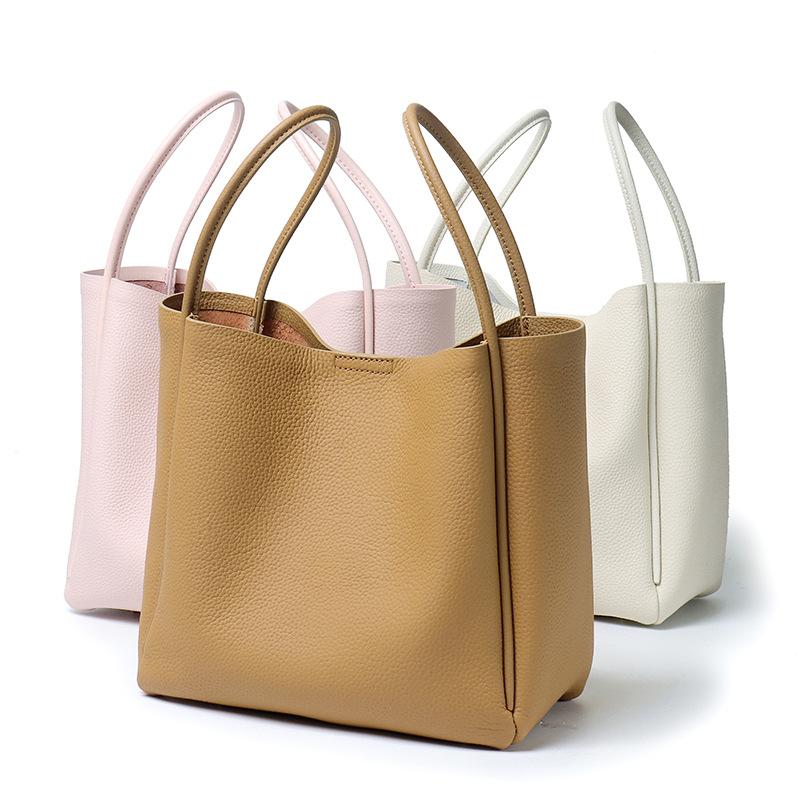 The First Layer Of Cowhide Vegetable Basket Bag, Bucket Bag, Simple And Large-Capacity Leather Single Shoulder Oblique Span Handbag.