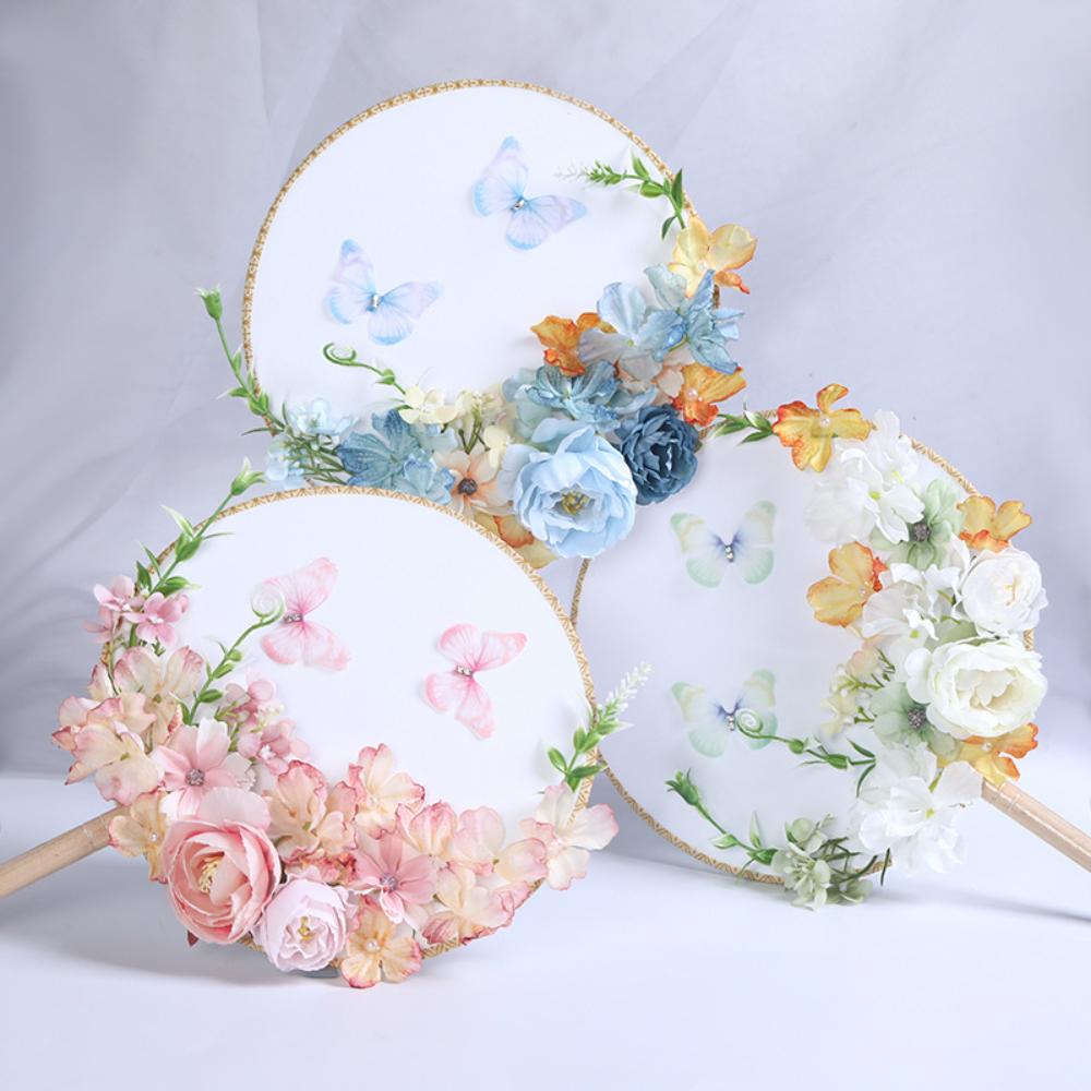 Exquisite Flower Butterfly Round Fan Women Dance Performance Props Wedding Craft Home Decoration
