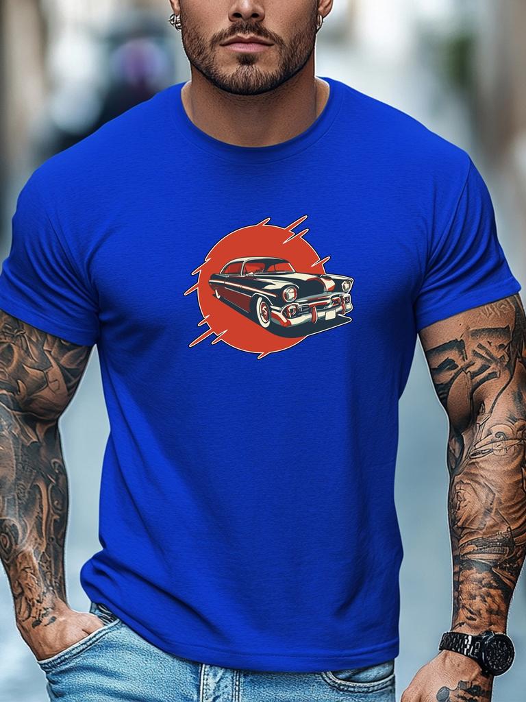 Mens Summer Retro TShirt Vintage Car Red Sun Print Short Sleeve Round Neck Breathable Oversized Classic Daily Wear