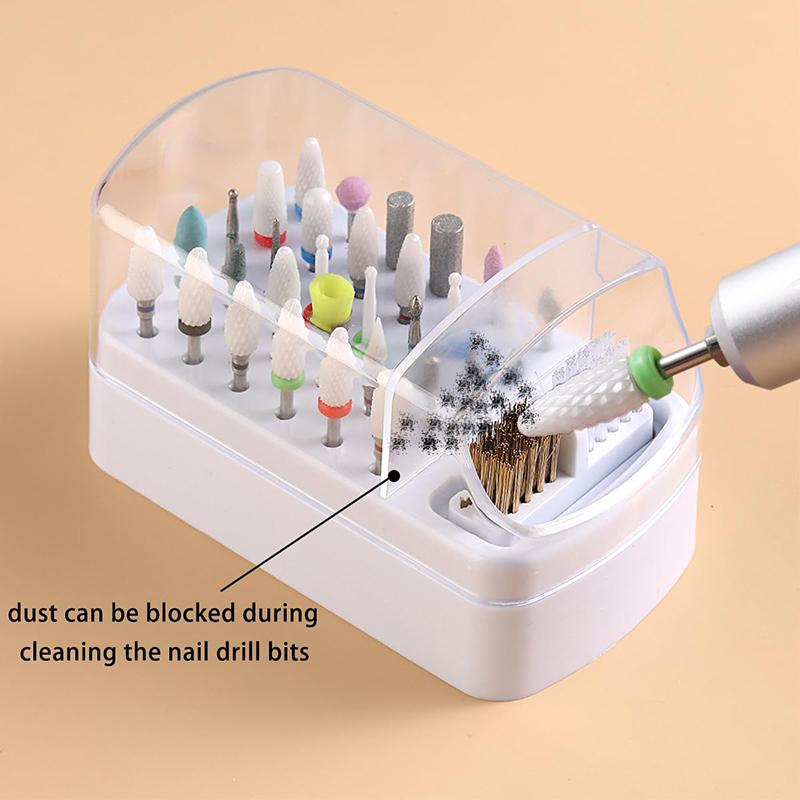 2 In 1 Nail Drill Bits Storage Box 30 Holes with Cleanning Brush Manicure Salon Grinding Head Holder Display Nail Art Accessory