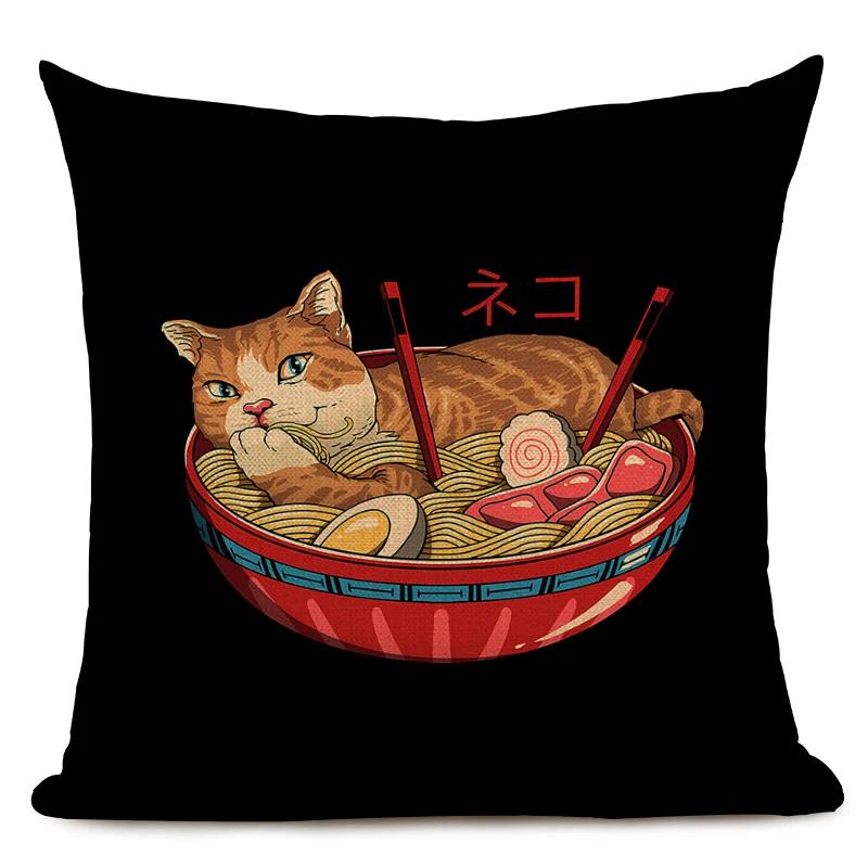 Japanese Style Decorative Cushion Cover Cute Japanese Ramen Tea Cat Octopus Pillowcase for Home Decor
