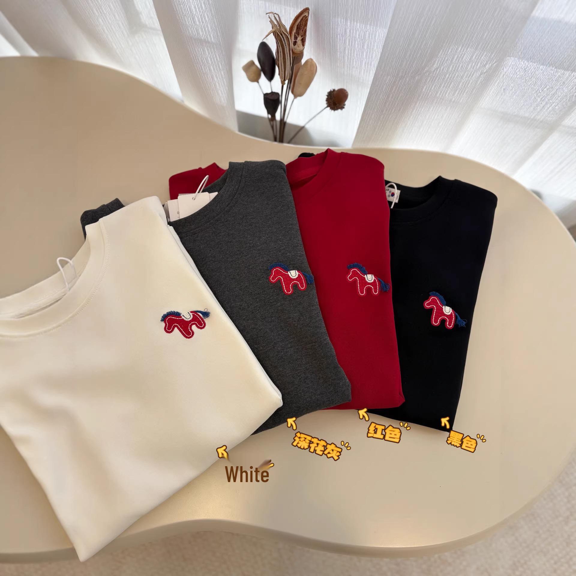

2026 Spring Festive Red Embroidered Horse Short-Sleeve Brushed Cotton T-Shirt Extra Large