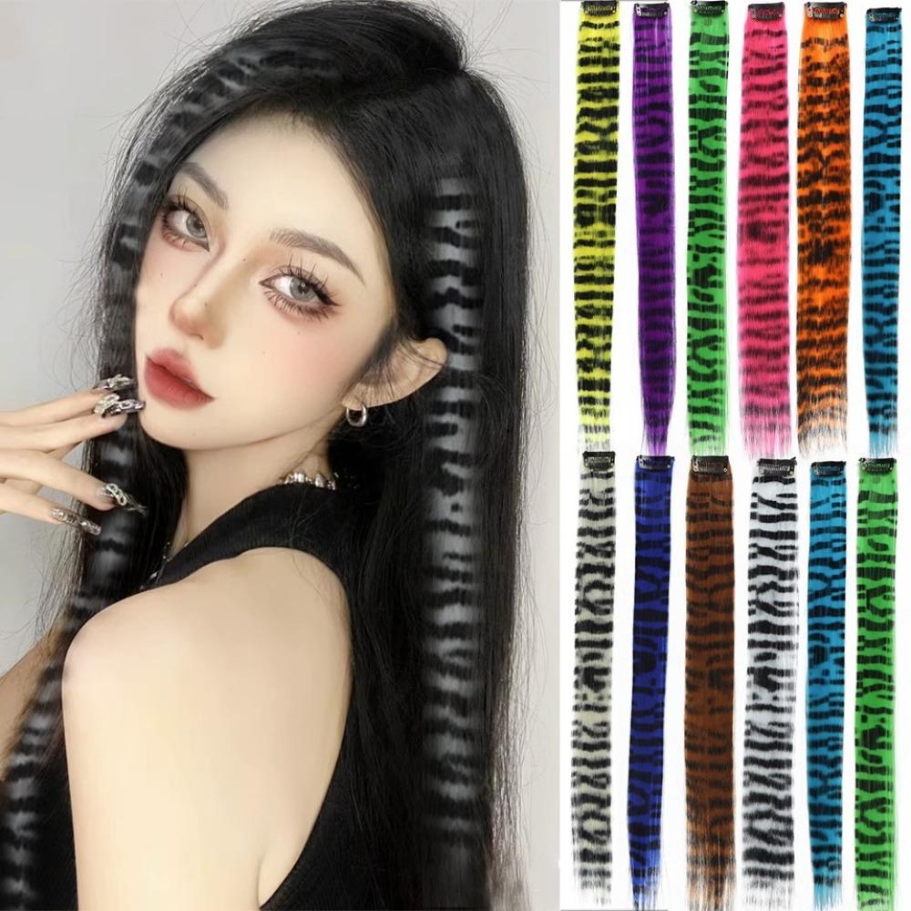 Colorful Hair Highlights Stripe Printed Wig Hairpieces Christmas Clip in Hair Extensions  Girls