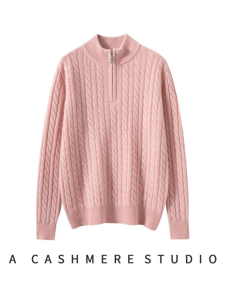 Women's 100% Pure Cashmere Half-Zip Cable Knit Sweater, Versatile & Casual